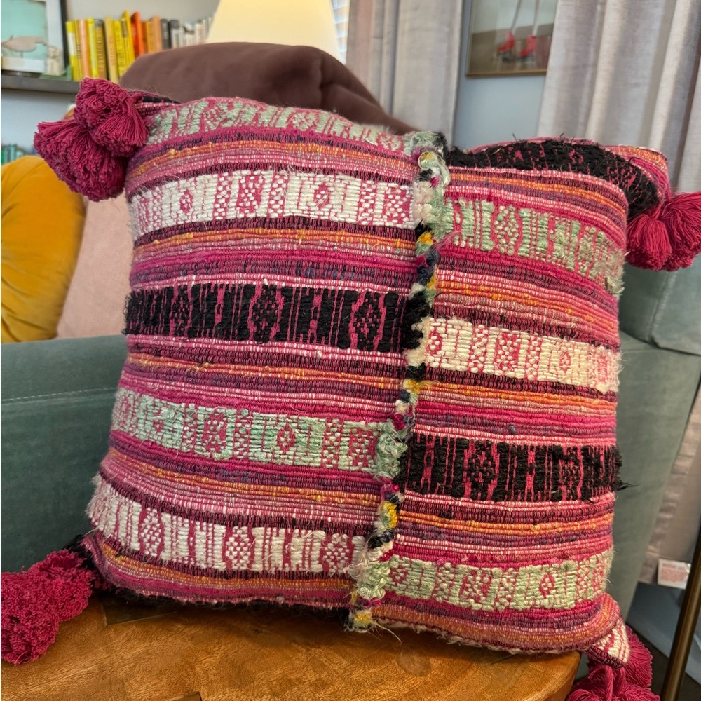 Anthropologie tufted Striped Throw Pillow with Tassels